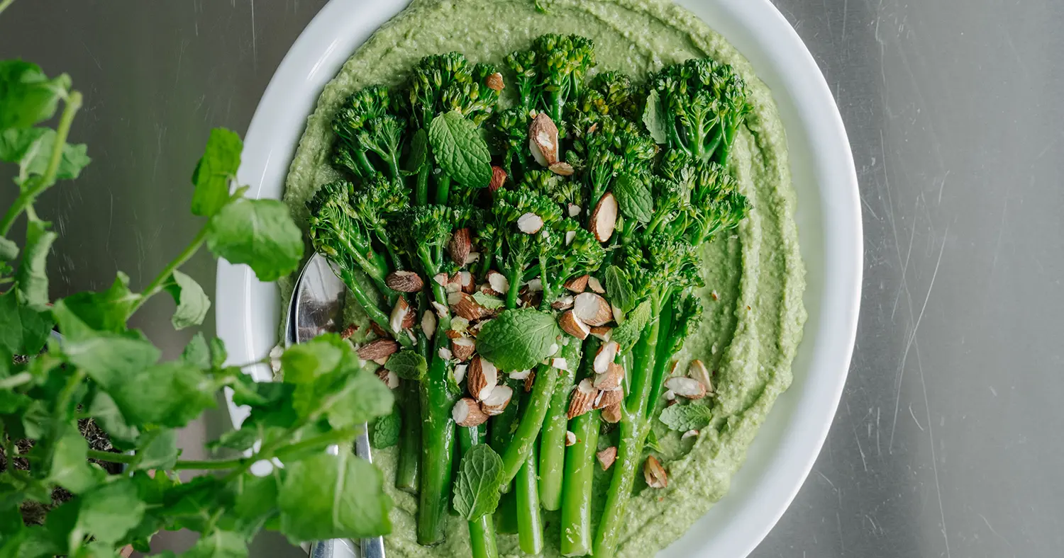 Sautéed Bimi® Baby Broccoli with Pea Cream, Lime, Almonds &amp; Mint